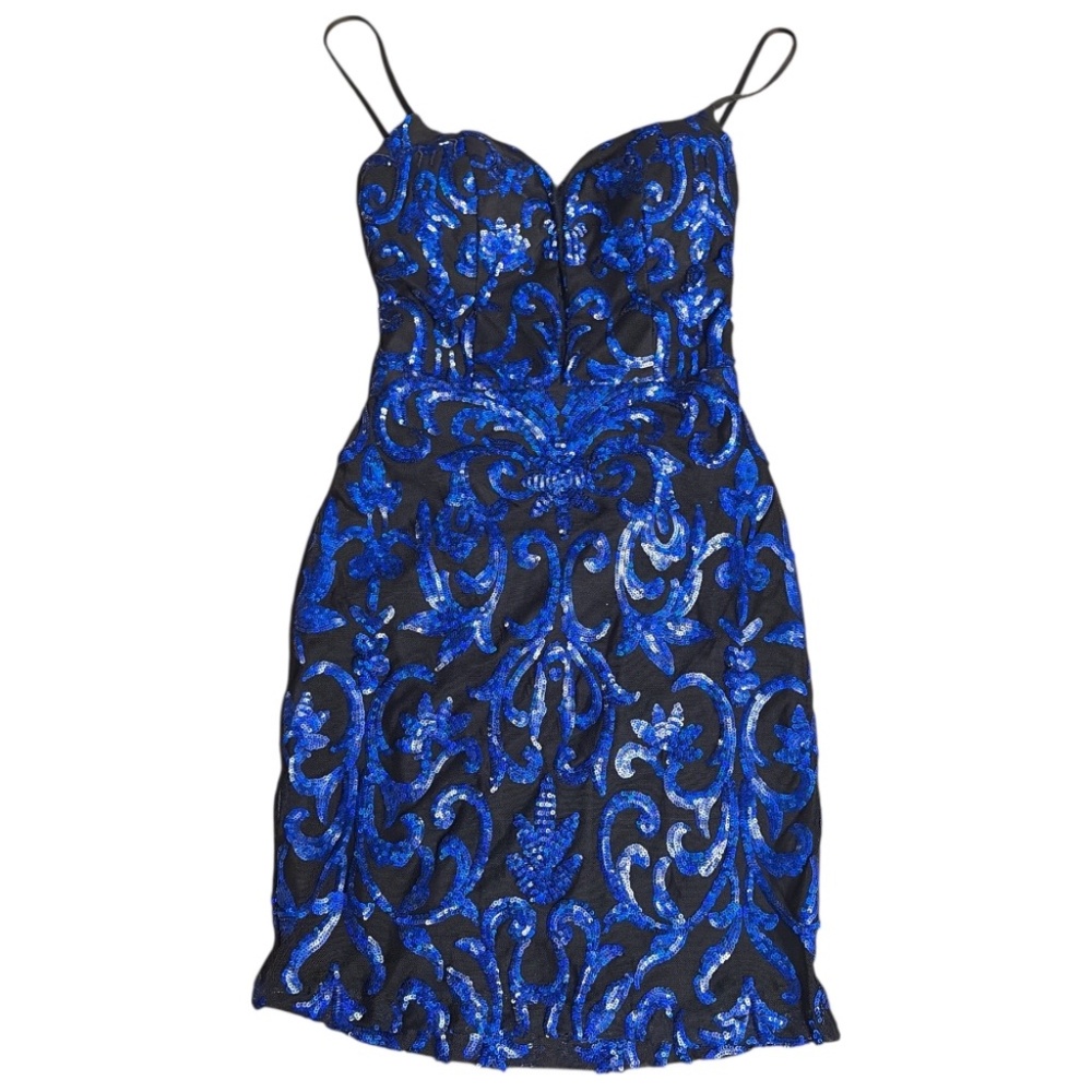 B Darlin Blue Black Sequin Scroll Dress Size 5/6 Sweetheart Mini - Picture 1 of 9